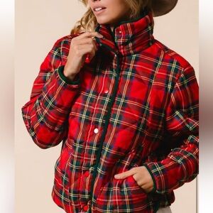 NWT RED TARTAN PLAID WITH GREEN CORDING QUILTED JACKET BY BIBI